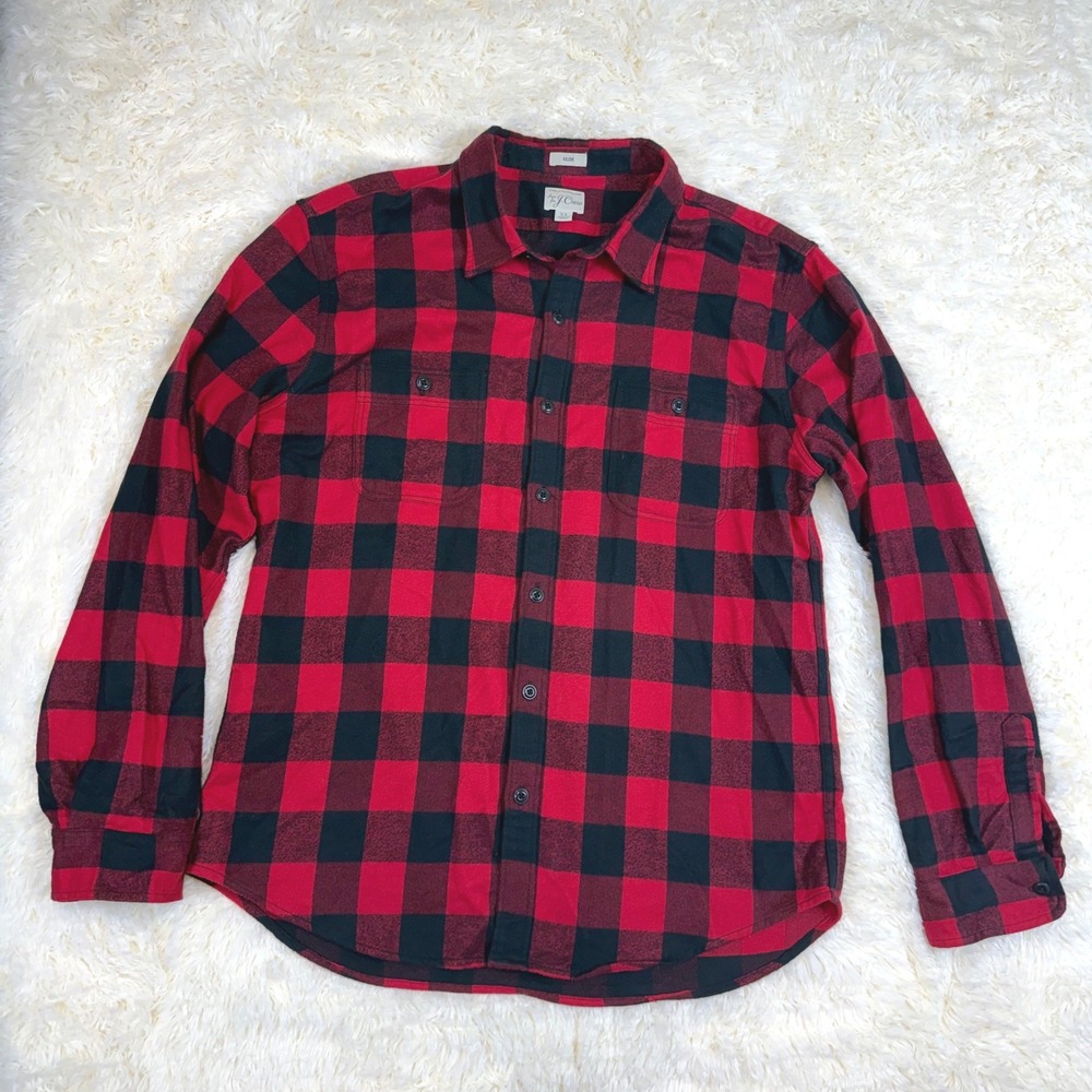 J. Crew Flannel Button Down Women XL Red Black Buffalo Plaid Slim Fit Cotton